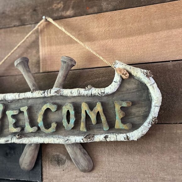 Welcome Sign Birch Wood Style Canoe with Paddles Rustic Lake House Home Decor - Picture 5 of 7